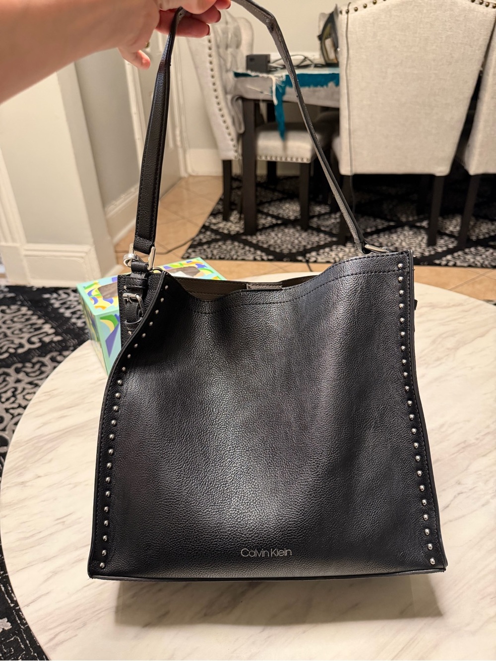 Calvin Klein Black Pebbled Leather Shoulder Hobo with Stud Accents